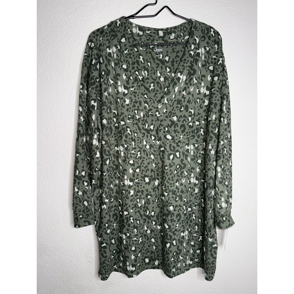 Jenni Women's Soft Knit V-Neck Sleepshirt, Green Leopard Animal Print, L
